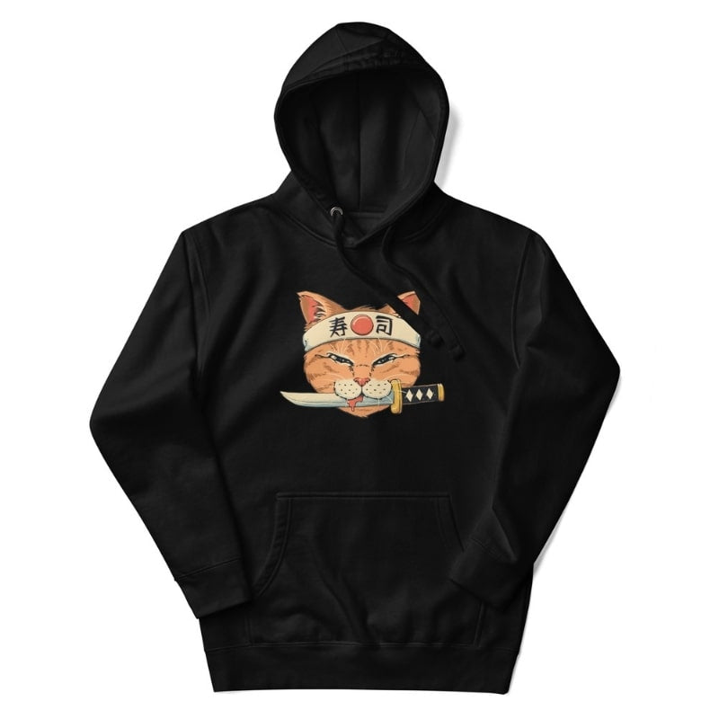 Sudadera japonesa Neko Sushi Katana - S / Negro