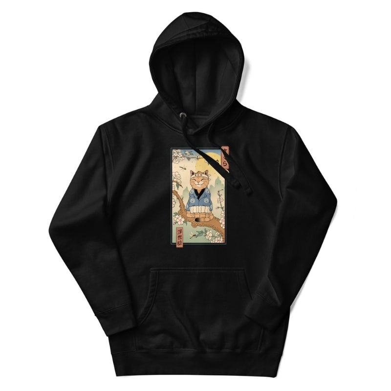 Sudadera japonesa Ukiyo-e Neko Sakura - S / Negro