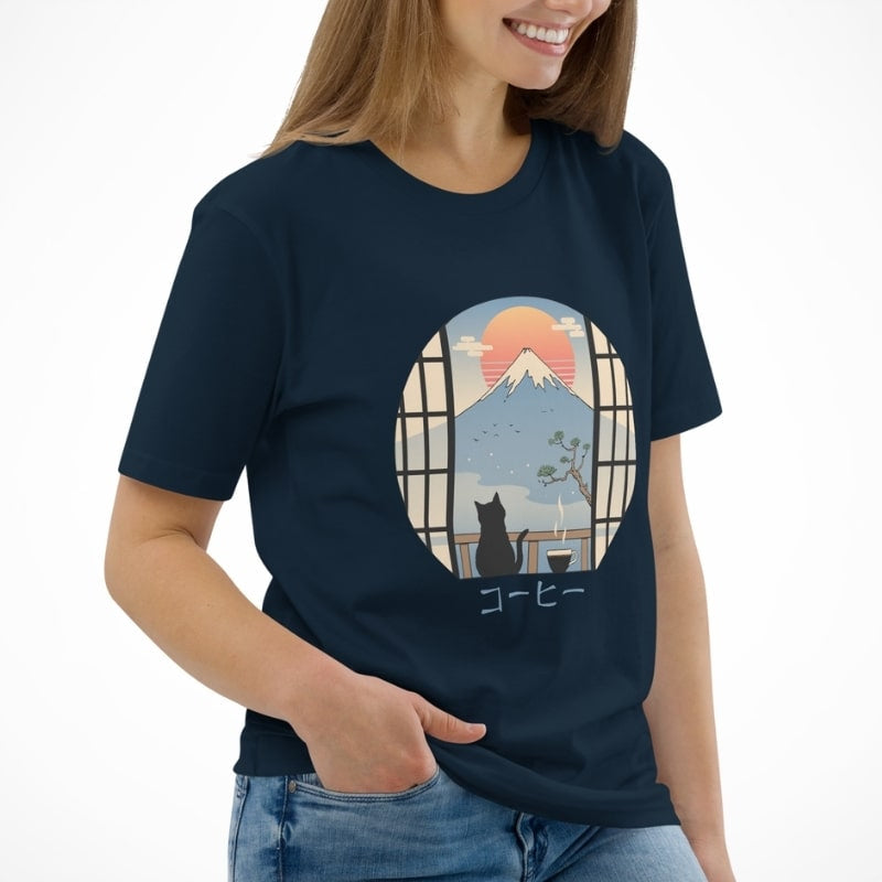 Camiseta Gato japonés y Monte Fuji