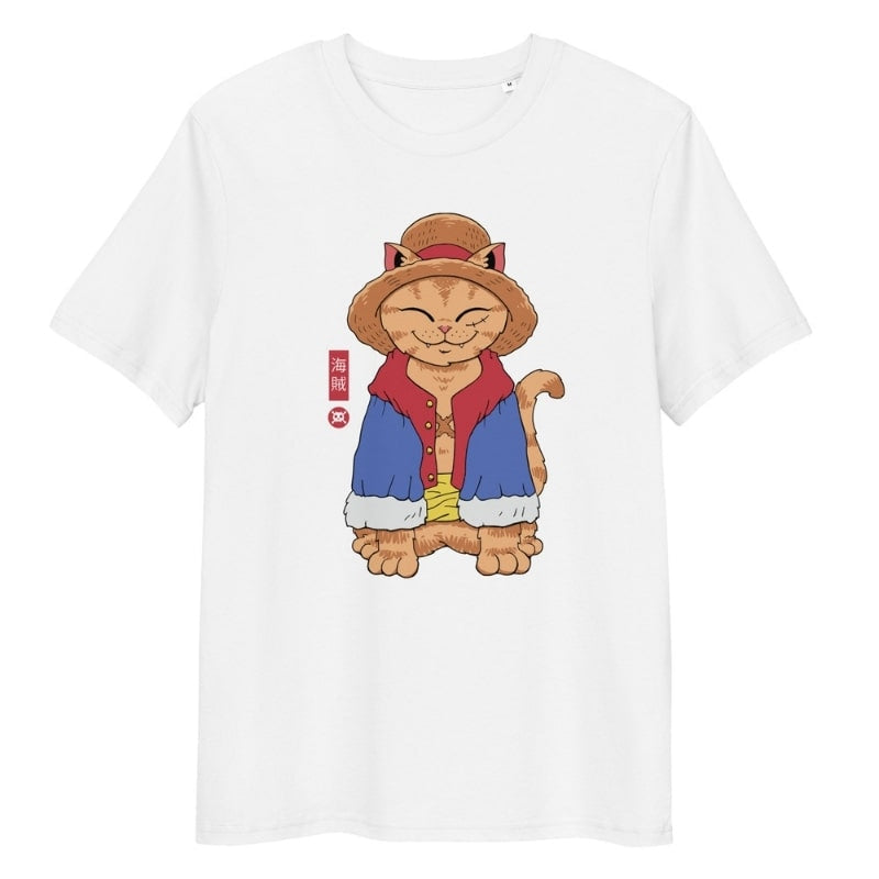 Camiseta Japonesa Neko Sombrero de Paja - S / Blanca