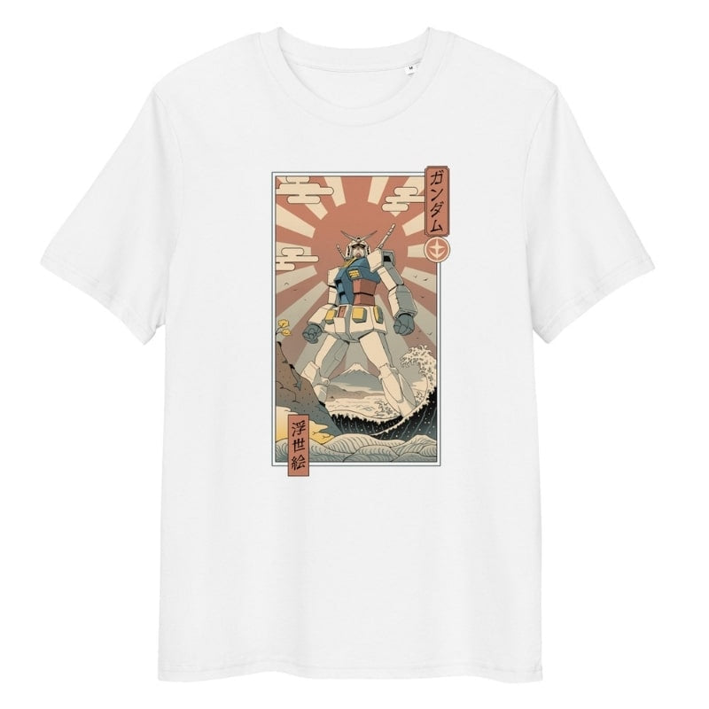 Camiseta Japonesa Ukiyo-e Mécha &amp; Fuji - S / Blanc