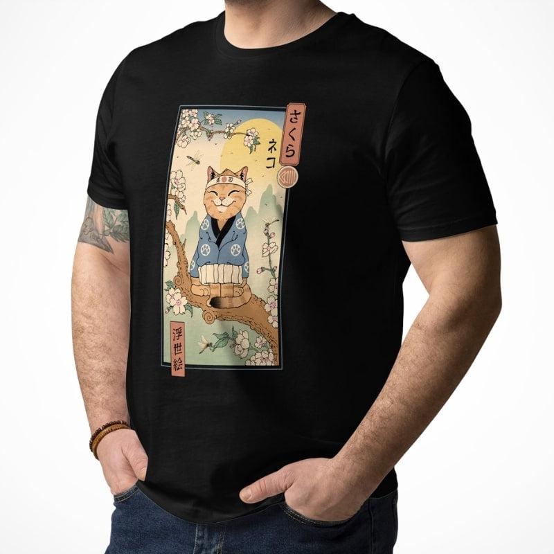 Camiseta Japonesa Ukiyo-e Neko Sakura