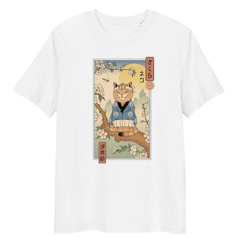 Camiseta Japonais Ukiyo-e Neko Sakura - S / Blanc